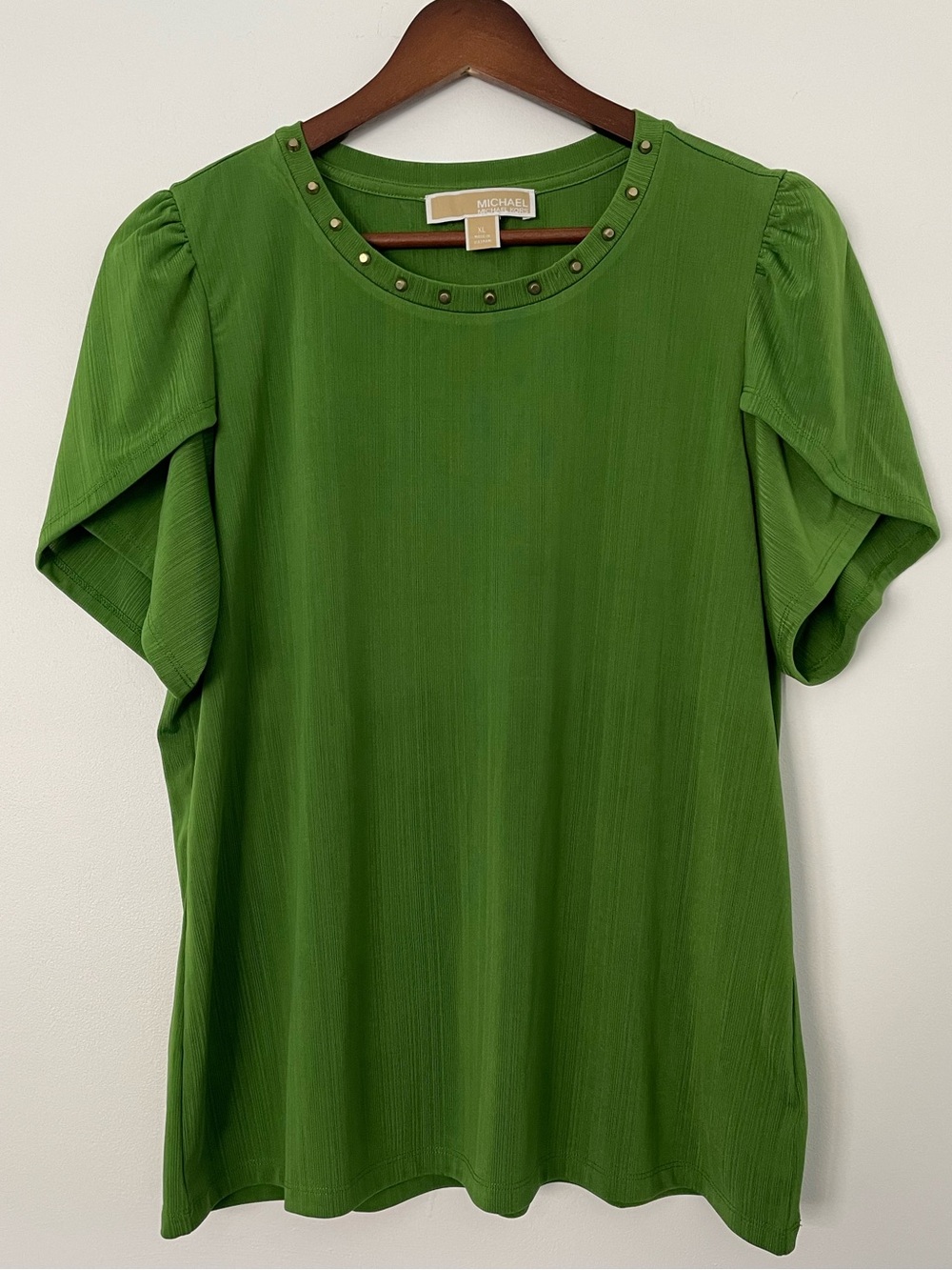 MICHAEL Michael Kors Top XL Green Studded Neck Tulip Flutter Sleeve Blouse Chic